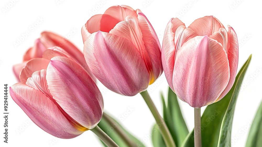 Fototapeta premium Pink tulips flowers on a white isolated background with clipping path Flowers on a stem Closeup Nature : Generative AI