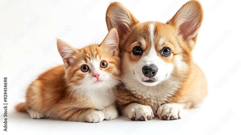 Cute Welsh corgi puppy and a red kitten sit together on a white background isolated on a white background : Generative AI Cute Welsh corgi puppy and a red kitten sit together on a white background isolated on a white background : Generative AI