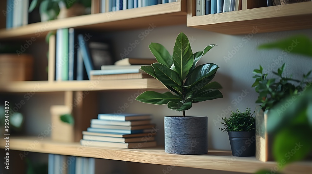Shelving unit with books and decor in interior of room : Generative AI Shelving unit with books and decor in interior of room : Generative AI