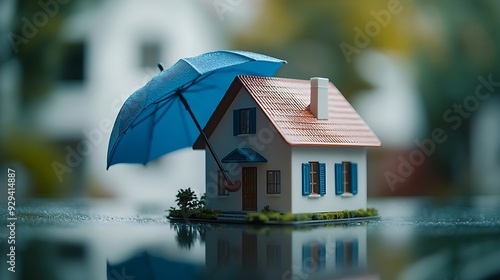 Renters home insurance or mortgage protection concept with a 3D house model under a blue umbrella : Generative AI photo