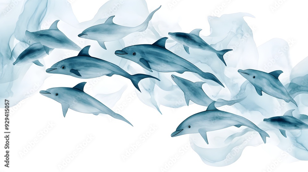 Obraz premium Underwater ballet of fish moving in sync, evading the pursuit of dolphins, soft watercolor palette, serene and captivating