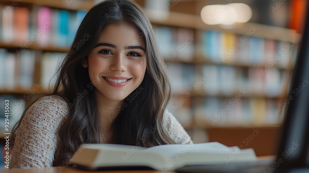 Happy Z generation beautiful Hispanic female student reading writing down notes in copybook enjoying learning alone sitting at table with computer in modern college library education c : Generative AI Happy Z generation beautiful Hispanic female student reading writing down notes in copybook enjoying learning alone sitting at table with computer in modern college library education c : Generative AI
