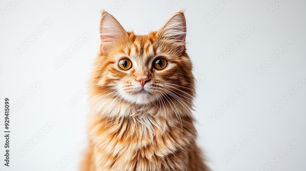 Obraz premium A cat with orange fur is sitting on a white background The cat has a curious expression on its face : Generative AI