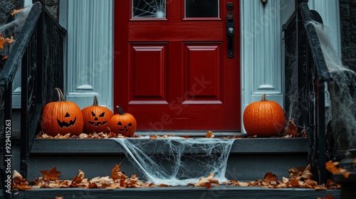 A haunted house's front door is adorned with spooky decorations such as fake cobwebs, a sinister jack-o-lantern, and fallen leaves covering the porch steps. photo