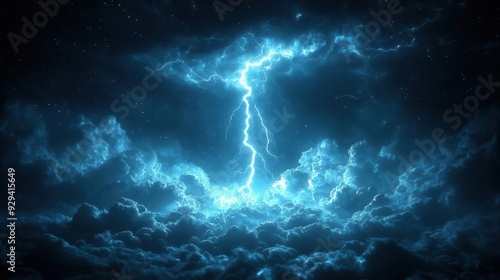 dramatic forked lightning bolt illuminating night sky intense electrical discharge splitting darkness with brilliant whiteblue light