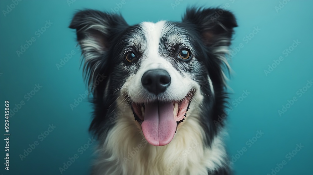 studio portrait of large white and black mixed breed dog with tongue sticking out against a blue background : Generative AI studio portrait of large white and black mixed breed dog with tongue sticking out against a blue background : Generative AI