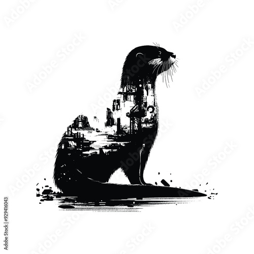 silhouette of otter filled with destroyed futuristic dystopia environment in rough drawing,
