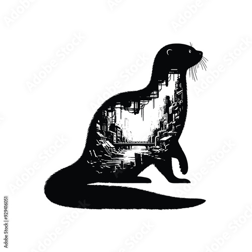 silhouette of otter filled with destroyed futuristic dystopia environment in rough drawing,