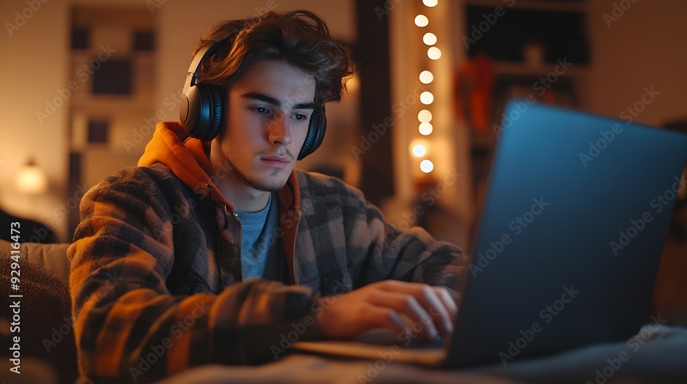 Young Handsome Man Using Laptop Computer To Check Social Media Listen To Music and Read Emails Creative Person Catching Up With Friends Online 3D Visualization of Online Platforms Conc : Generative AI Young Handsome Man Using Laptop Computer To Check Social Media Listen To Music and Read Emails Creative Person Catching Up With Friends Online 3D Visualization of Online Platforms Conc : Generative AI