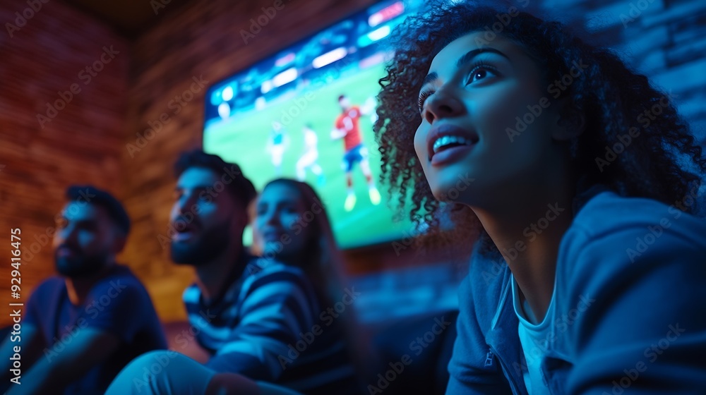 Obraz premium Astonished young people emotional friends watching football match sport show Youth sitting on sofa in front of huge 3D model of tv screen Concept of sport leisure activities betting ad : Generative AI