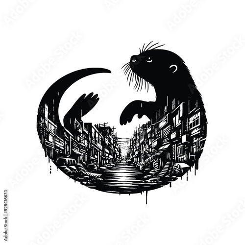 silhouette of otter, filled with ghetto street in rough drawing,