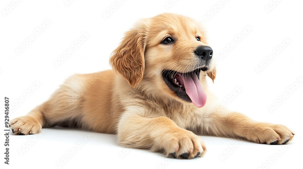 Puppy Golden retriever sitting and panting tongue out five months old isolated on white : Generative AI Puppy Golden retriever sitting and panting tongue out five months old isolated on white : Generative AI