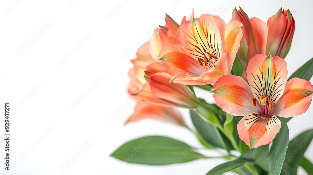 Fototapeta premium Coral alstroemeria lily flowers buds and green leaves in a floral arrangement isolated on white : Generative AI