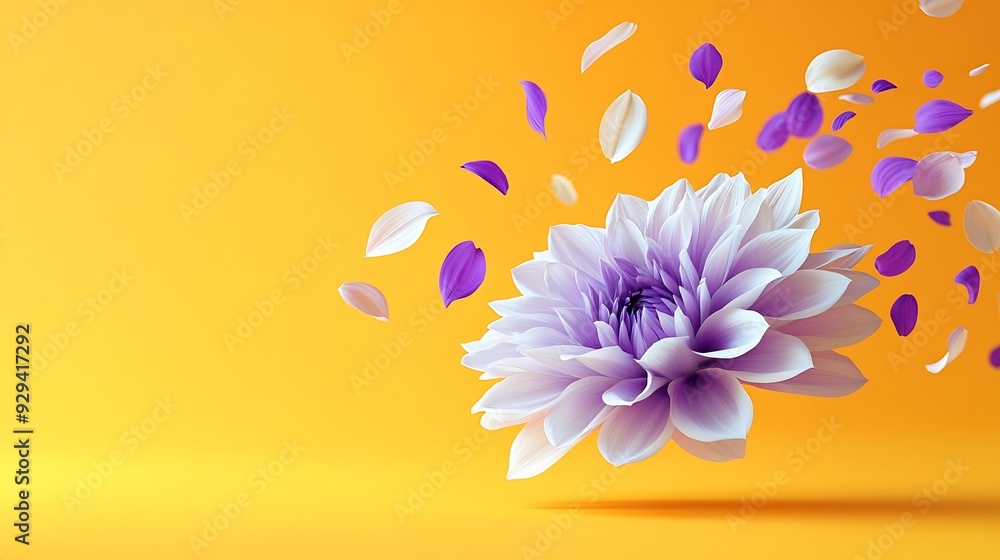 Obraz premium Beautiful fresh white and purple Dahlia flower falling in the air isolated on yellow background Levitation or zero gravity conception High resolution image : Generative AI
