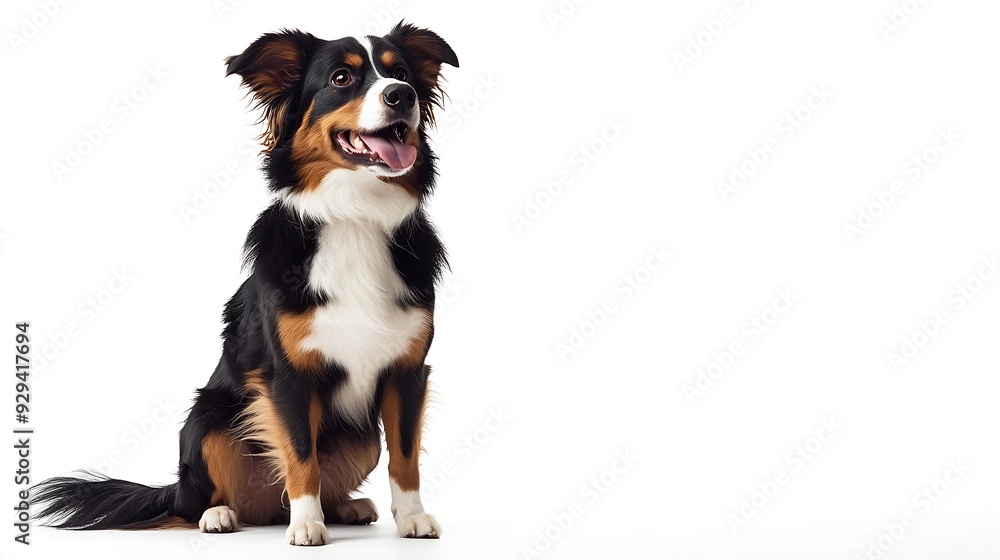 Fototapeta premium Cheerful Sitting American Shepherd panting and looking away isolated on white : Generative AI