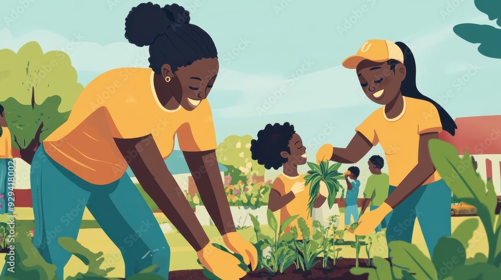Obraz premium Families work together to plant vegetables and flowers in a community garden, fostering connections and healthy habits