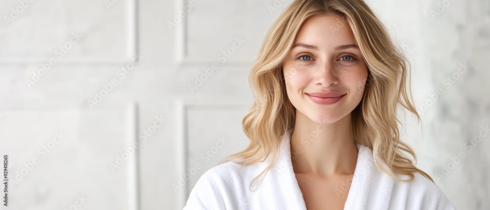 Happy attractive blonde woman in white silky bathrobe posing at white bathroom, Face and skin care at home concept Happy attractive blonde woman in white silky bathrobe posing at white bathroom, Face and skin care at home concept