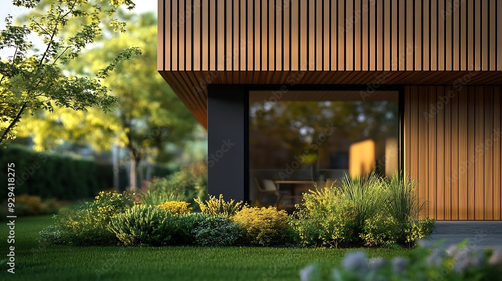 Fototapeta premium Modern house with wooden cladding panoramic window garden : Generative AI