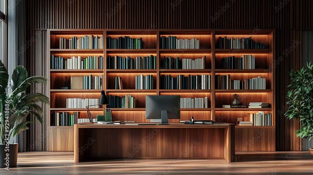 Shelf unit with books and stylish workplace in home library : Generative AI