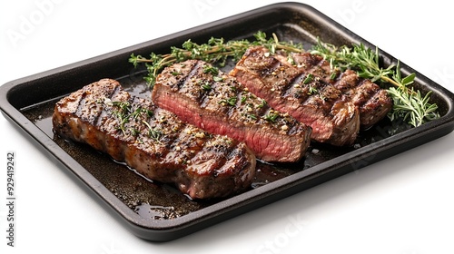 Grilled Rump sirloin steak sliced on a tray with herbs Isolated white background : Generative AI photo