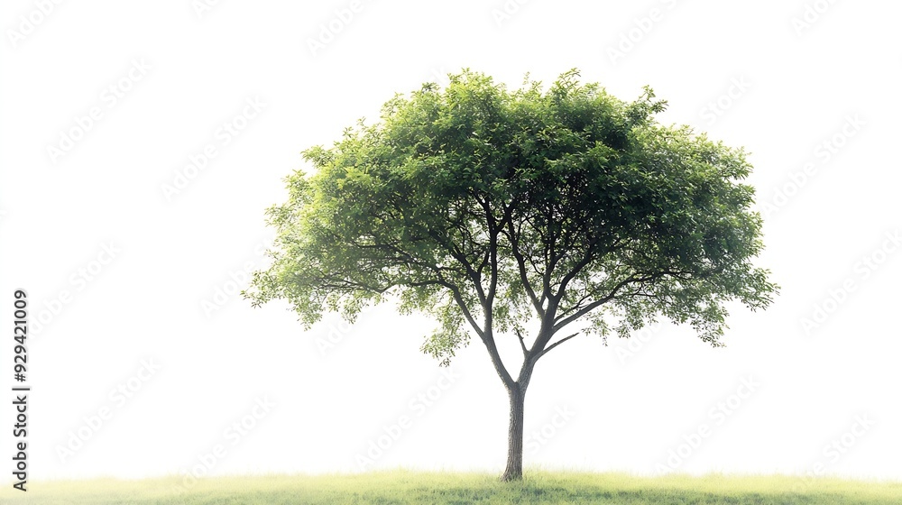 Fototapeta premium Vibrant foliage lone big tree isolated on white background Evergreen wild trunk for design Tropical colorful exotic lush plant Tree green leaf garden decor Forest wood in summer season : Generative AI