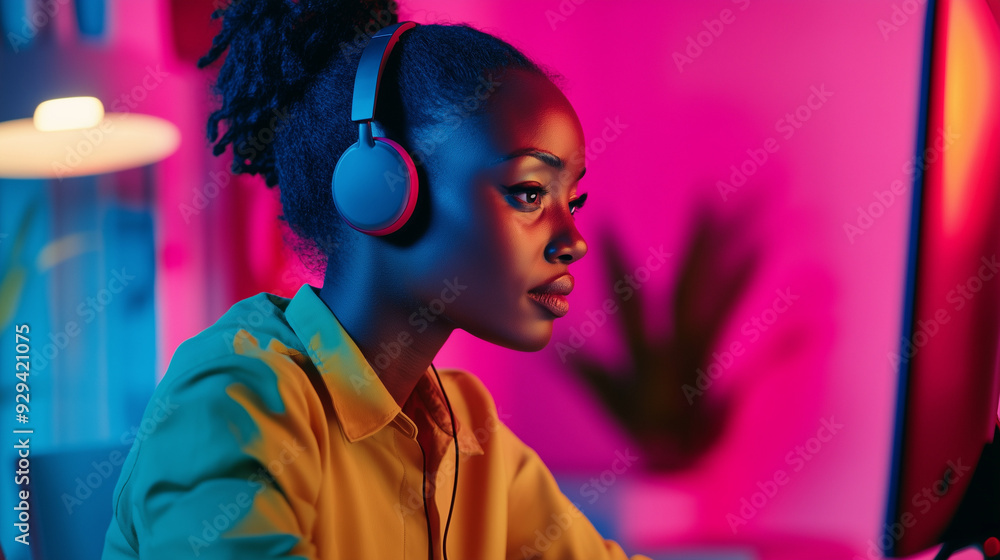 A young African American woman working at her computer in a vibrant, colorful setting, wearing headphones. A young African American woman working at her computer in a vibrant, colorful setting, wearing headphones.