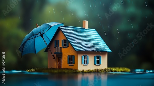 Renters home insurance or mortgage protection concept with a 3D house model under a blue umbrella : Generative AI photo