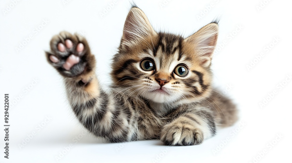 Fototapeta premium Gorgeous young Kurilian Bobtail cat kitten sitting up side ways Looking towards camera One paw playfully lifted isolated on a white background : Generative AI