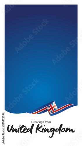 Greetings from UK. Editable Instagram template for Stories and Reels. Social media template page with United Kingdom flag ribbon and editable frame