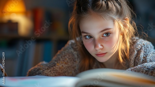 Teen girl studying in the room : Generative AI photo