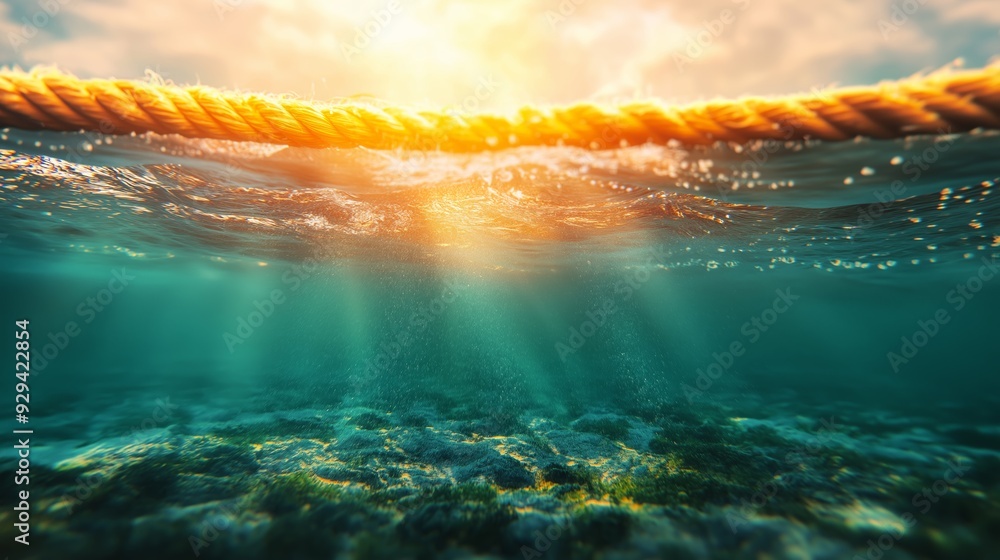 A thick rope separates the surface of the water from the underwater ...