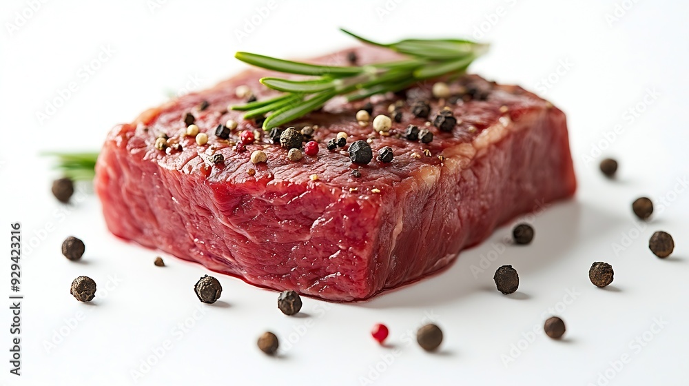 Raw beef steak with rosemary and peppercorns on white background : Generative AI Raw beef steak with rosemary and peppercorns on white background : Generative AI
