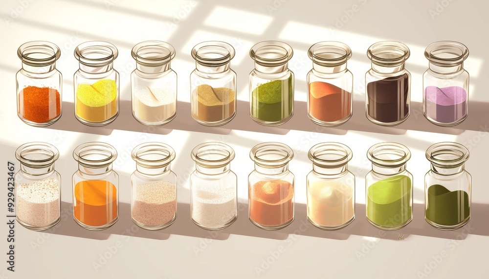 Set of spices in glass jars. Delicious seasonings, assorted ingredients in jars. Set of spices in glass jars. Delicious seasonings, assorted ingredients in jars.