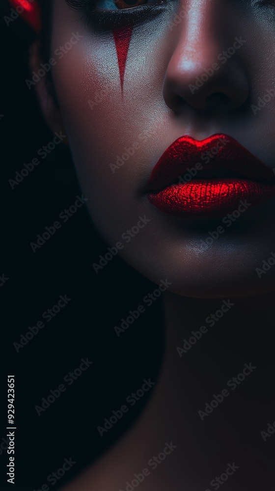 Fototapeta premium Woman with bold red lipstick showcases creative makeup against a sleek black background, exuding beauty, fashion, and glamour