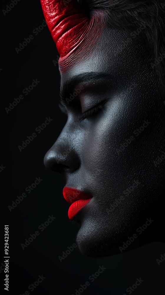 Profile of a woman with creative makeup and red devil horns posing with eyes closed Profile of a woman with creative makeup and red devil horns posing with eyes closed