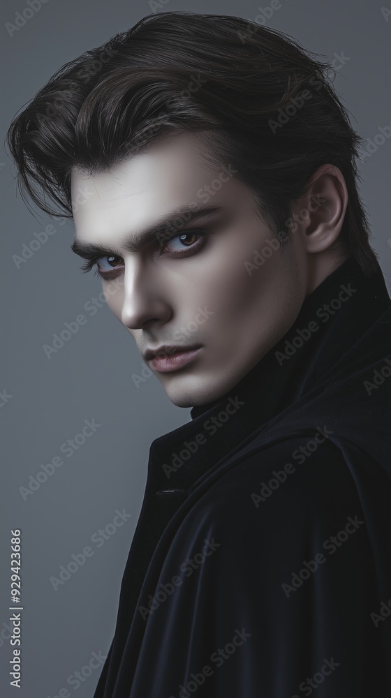 Gothic young man poses in dark clothing against a plain background, exuding mystery and intrigue with a touch of masculinity and sensuality, perfect for halloween projects Gothic young man poses in dark clothing against a plain background, exuding mystery and intrigue with a touch of masculinity and sensuality, perfect for halloween projects