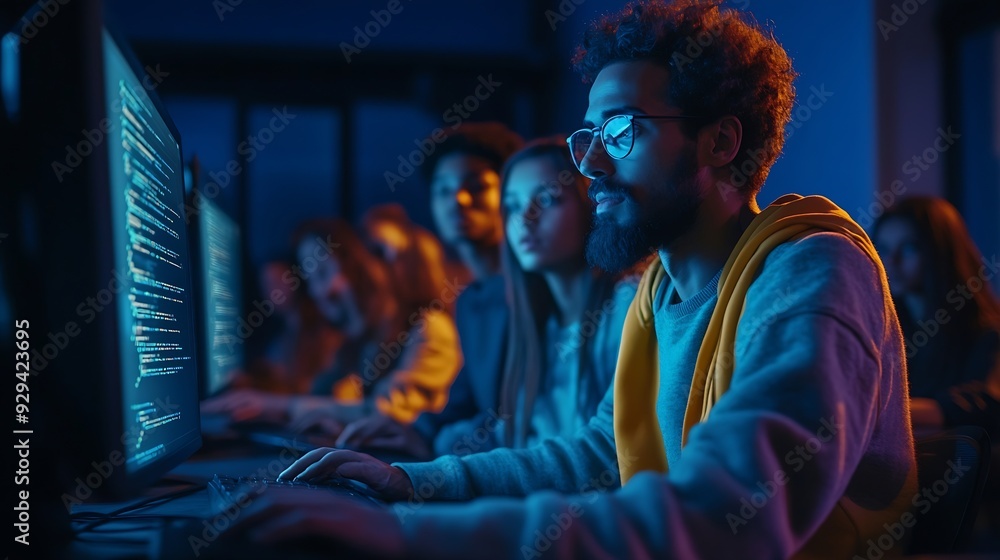 Fototapeta premium Teacher Giving Computer Science Lecture to Diverse Multiethnic Group of Female and Male Students in Dark College Room Projecting Slideshow with Programming Code Explaining Information : Generative AI