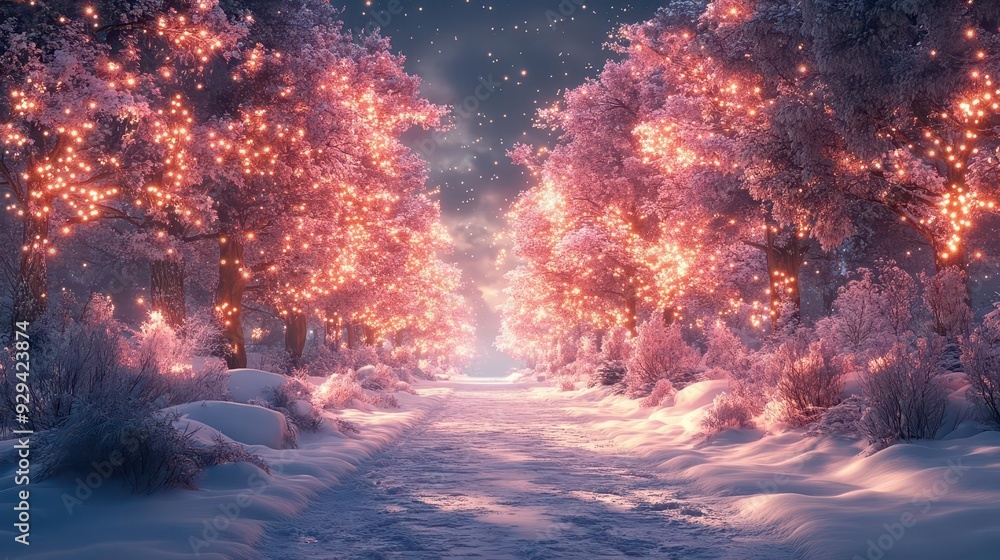 enchanted winter wonderland whimsical forest glade with snowcovered trees twinkling lights and magical creatures frolicking under a starry night sky