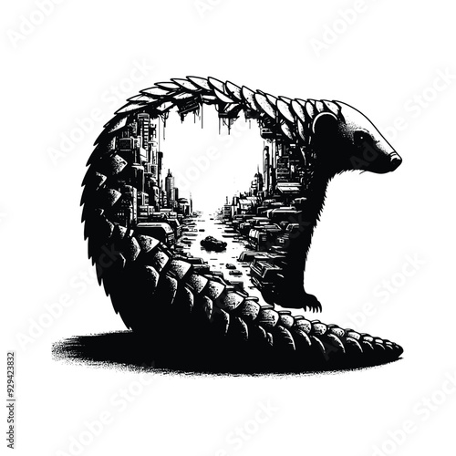 silhouette of Pangolin filled with destroyed futuristic dystopia environment in rough drawing,
