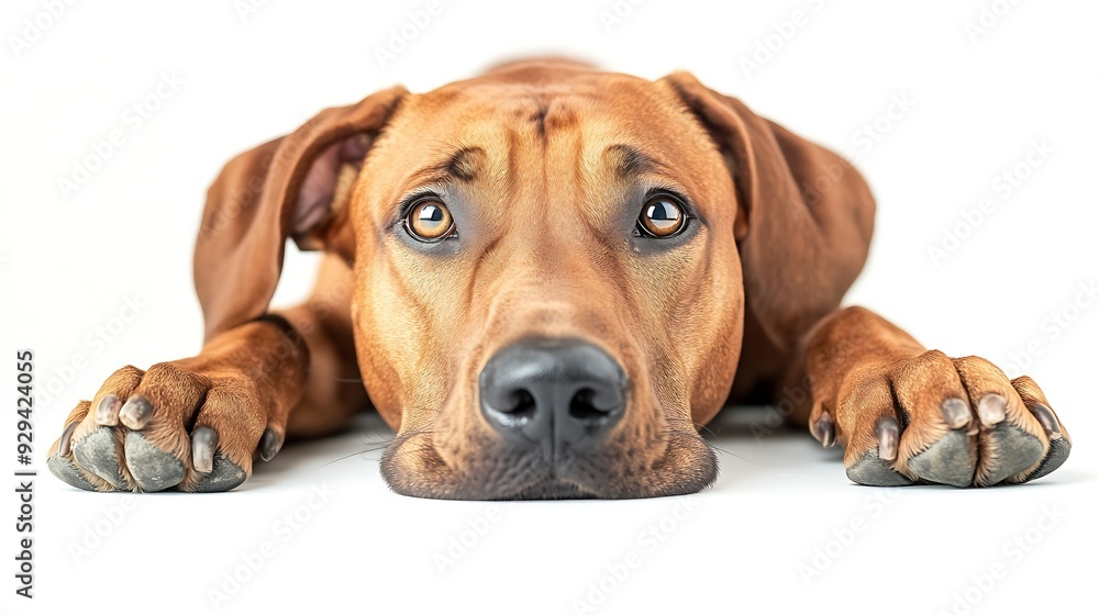 Handsome male Rhodesian Ridgeback dog laying down side ways with head and paws over edge Looking straight towards camera Isolated on a white background : Generative AI Handsome male Rhodesian Ridgeback dog laying down side ways with head and paws over edge Looking straight towards camera Isolated on a white background : Generative AI