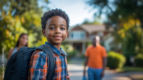 Smiling African American Boy With Backpack Ready for School, Standing Outdoors With Parents in a Suburban Neighborhood