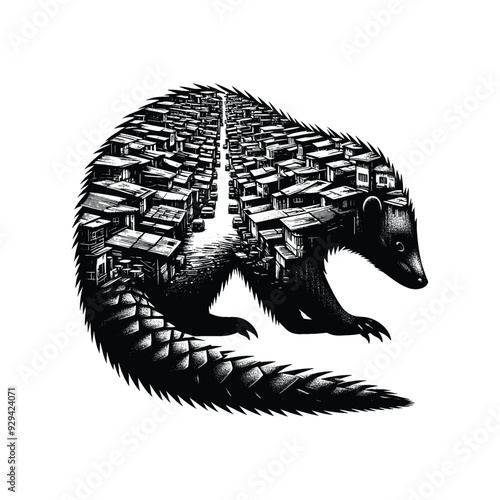 silhouette of Pangolin filled with ghetto street in rough drawing,