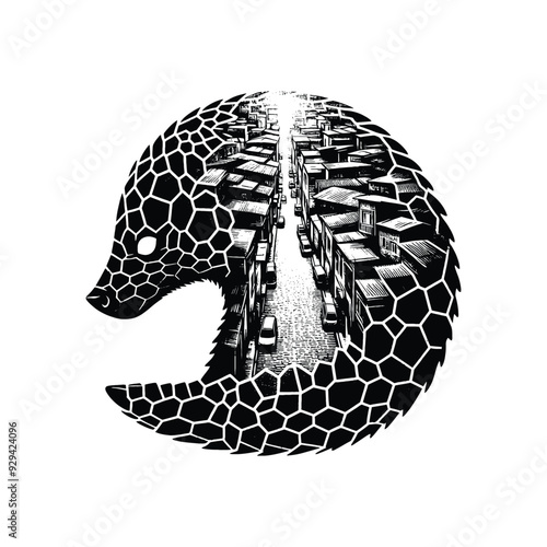 silhouette of Pangolin, filled with ghetto street in rough drawing,