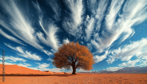 Lonesome single autumn tree in the desert,  orange oak tree standing in the middle of the desert. Climate change and global warming concept.  photo