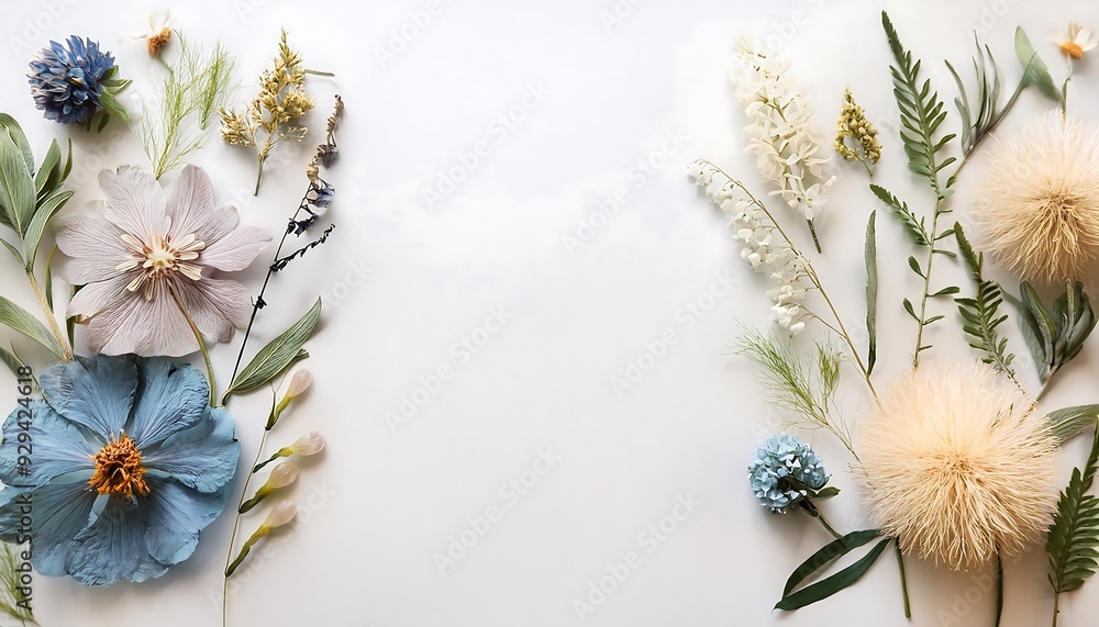 Floral Herbarium top-down mockup - botanical scene background with flower, and plants isolated on white background. Graphic art illustration copy space layout