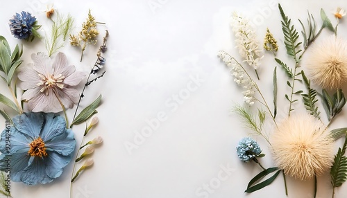 Obraz na płótnie Floral Herbarium top-down mockup - botanical scene background with flower, and plants isolated on white background. Graphic art illustration copy space layout w salonie