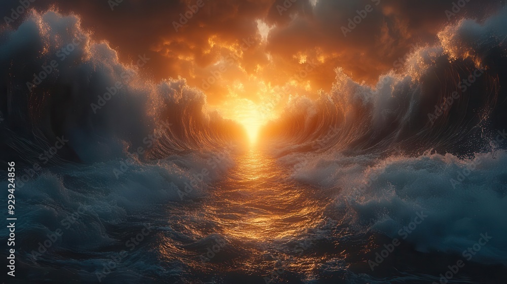 Fototapeta premium epic biblical scene of parting ocean waves divine light illuminating path aweinspiring scale