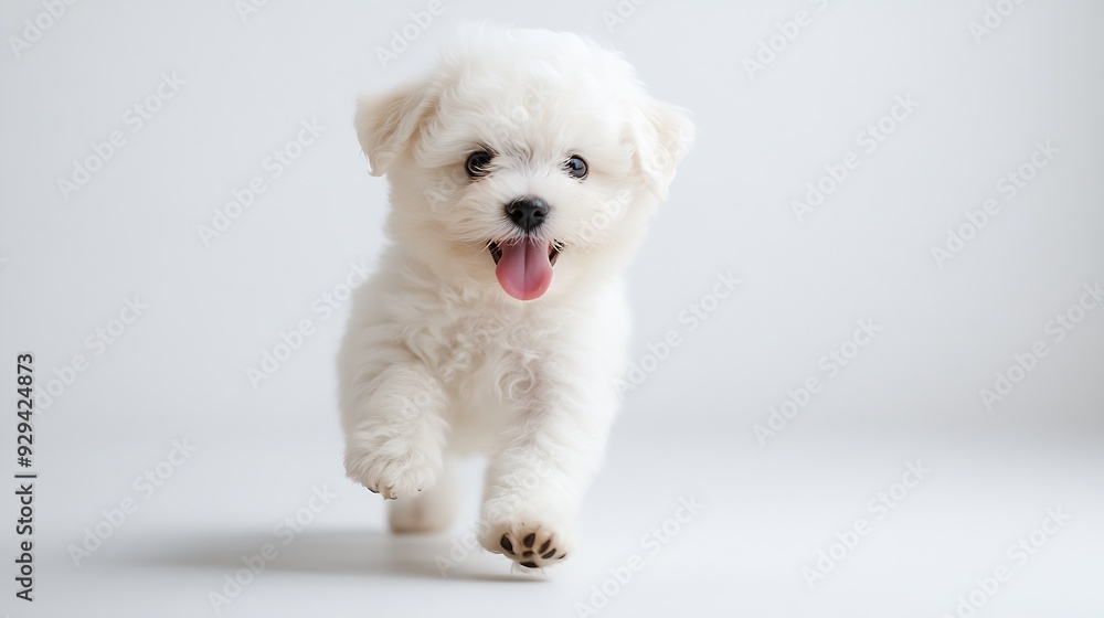 happy small bichon puppy sticking out tongue and panting while walking in front of white background in studio : Generative AI happy small bichon puppy sticking out tongue and panting while walking in front of white background in studio : Generative AI