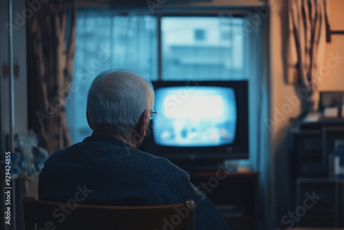 Elderly man with white hair watching television in a dimly lit living room with a window in the background.