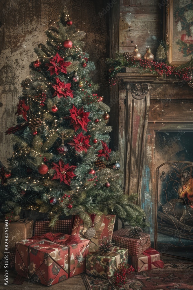 A festive Christmas tree with ornaments and lights stands before a cozy fireplace